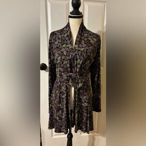Salaam Made in USA Leaf Print Wrap Cardigan Top Women’s Medium Tie Front Boho